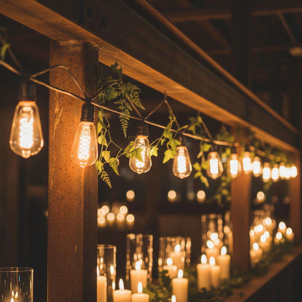 Warm Edison bulb string lights draped over a venue ceiling creating a romantic amber glow