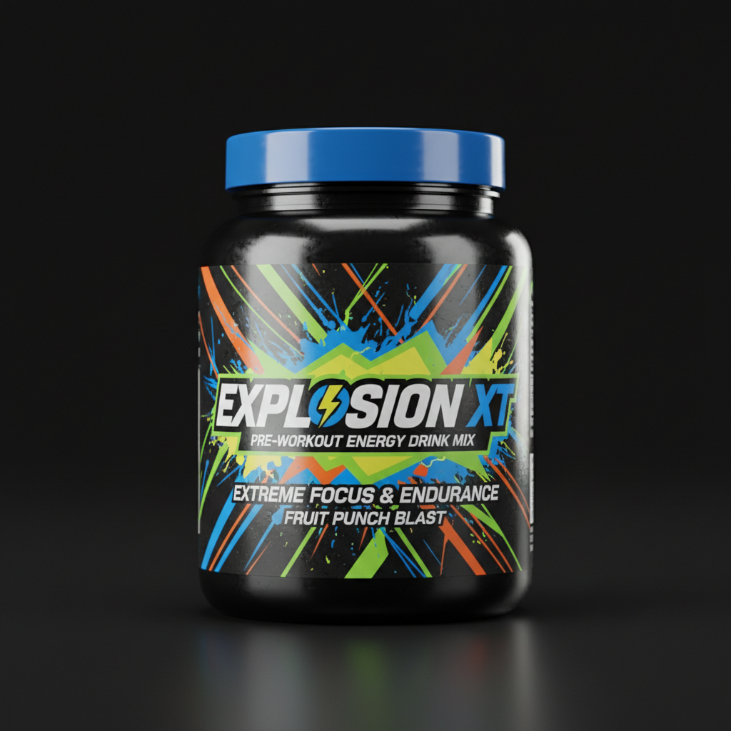 Orange pre-workout supplement container on dark surface with energy burst design label