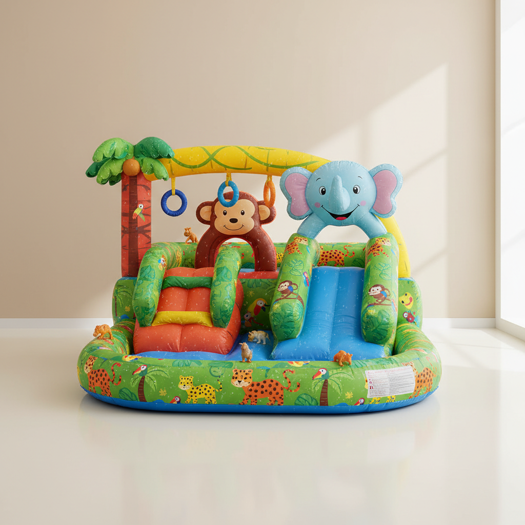 Jungle-themed small inflatable play area with soft climbing areas for young children