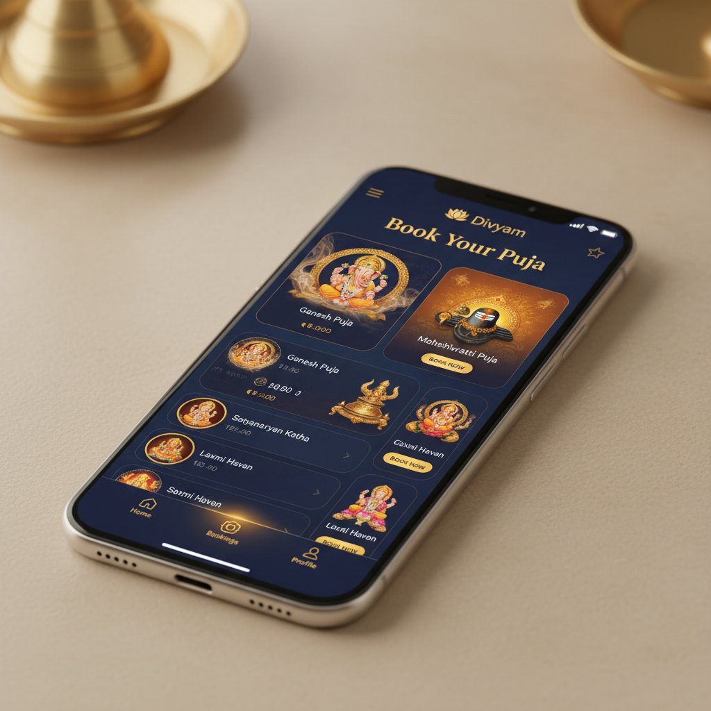 Divyam app interface showing puja booking screen with warm golden tones and sacred imagery