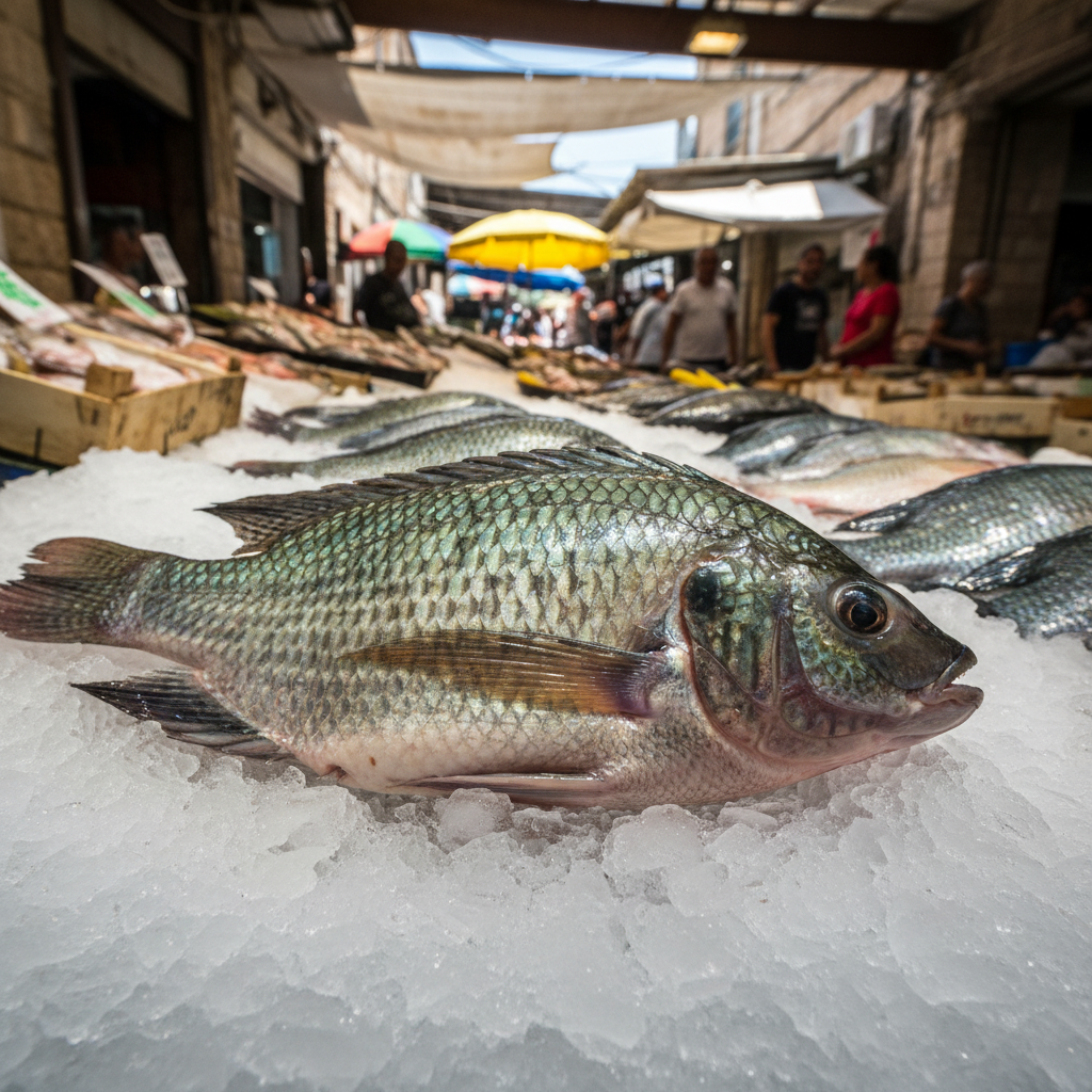 Fresh tilapia fish on crushed ice at a fish market, pale white flesh visible, bright overhead lighting
