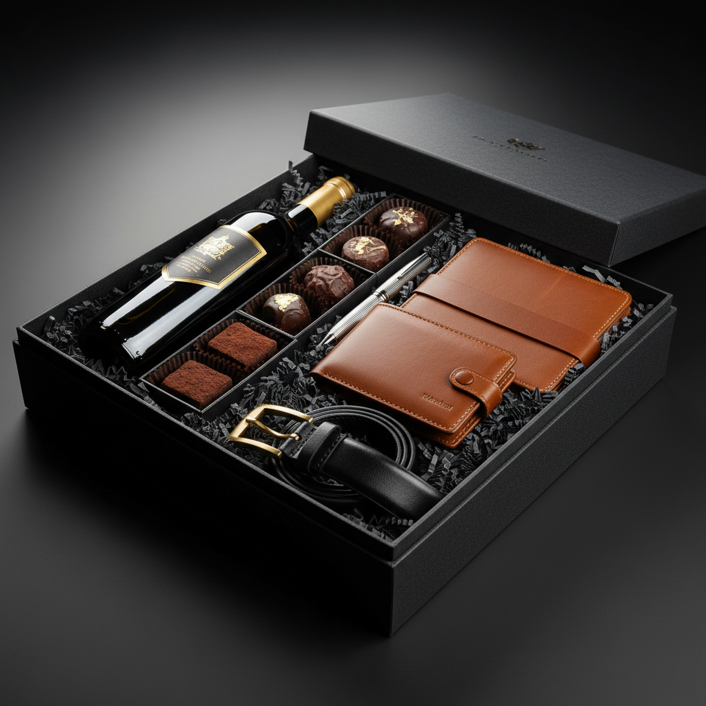 Premium executive gift hamper dark luxury box with deep shadows and warm dim atmospheric lighting