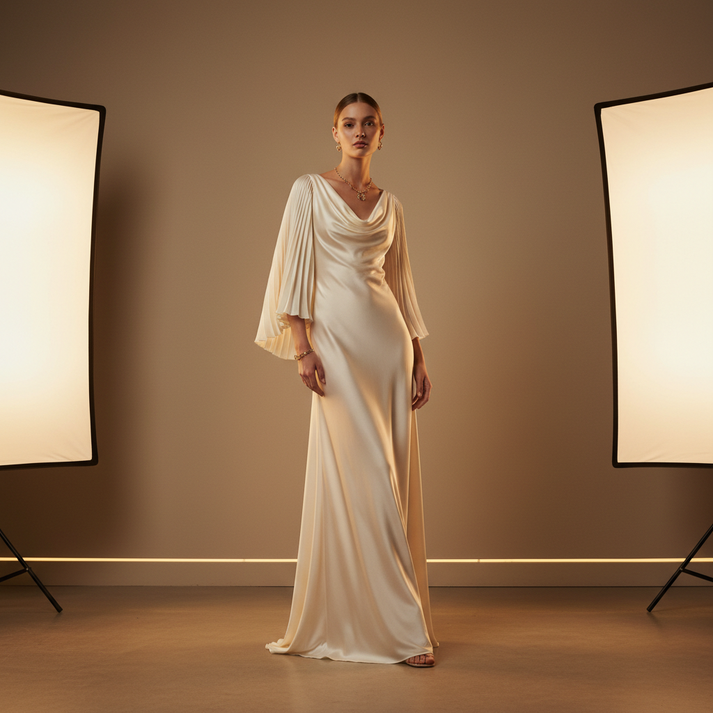 Elegant fashion model in flowing cream dress, bright natural light studio, minimalist backdrop, confident pose