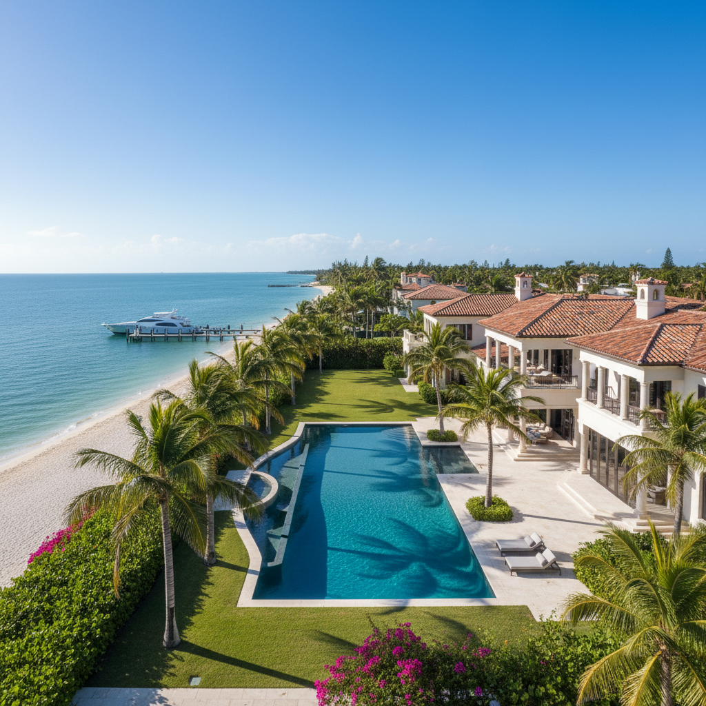 Luxury waterfront estate in Southwest Florida with pool and palm trees, representing the properties Opal Group manages