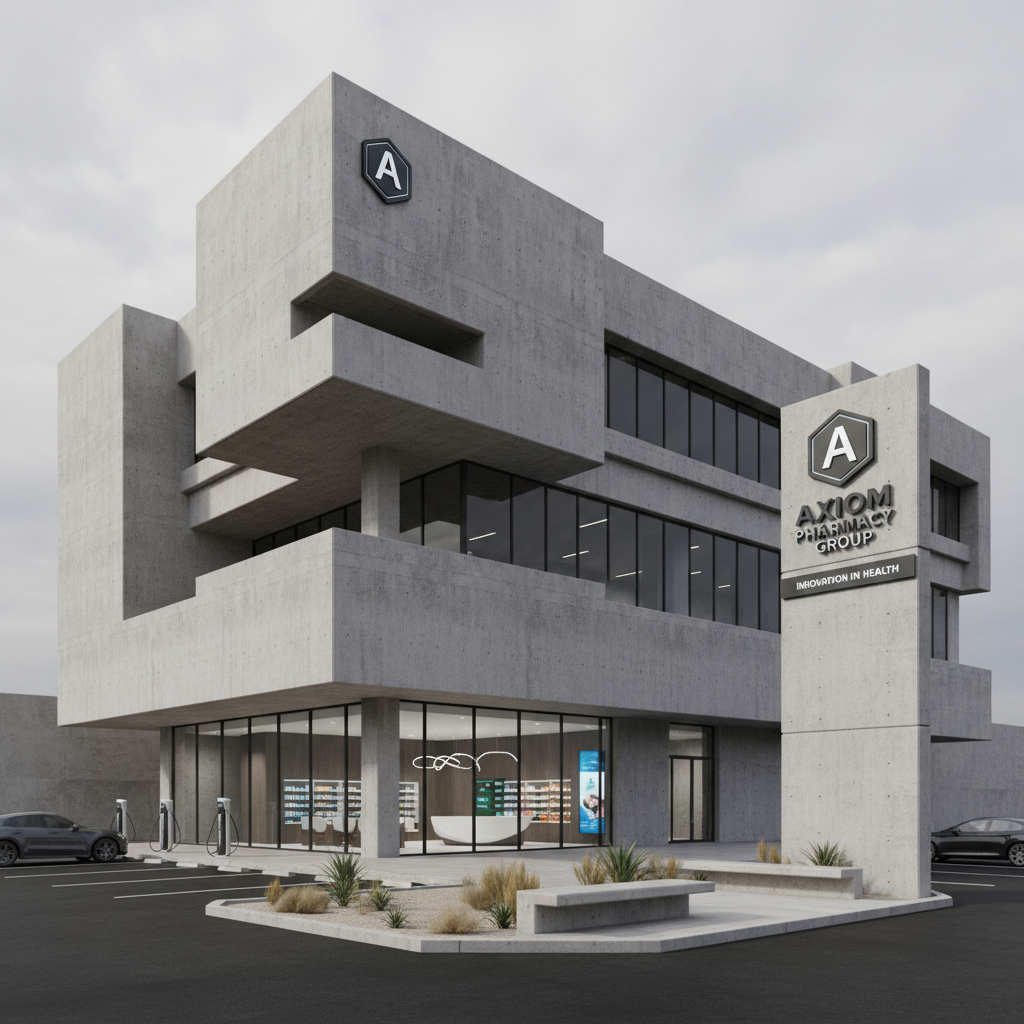 Axiom Pharmacy Group chain location with brutalist design elements and consistent brand language