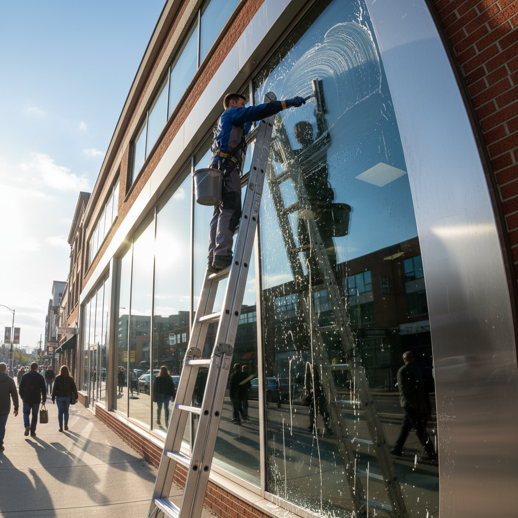Professional cleaning windows of a small commercial building