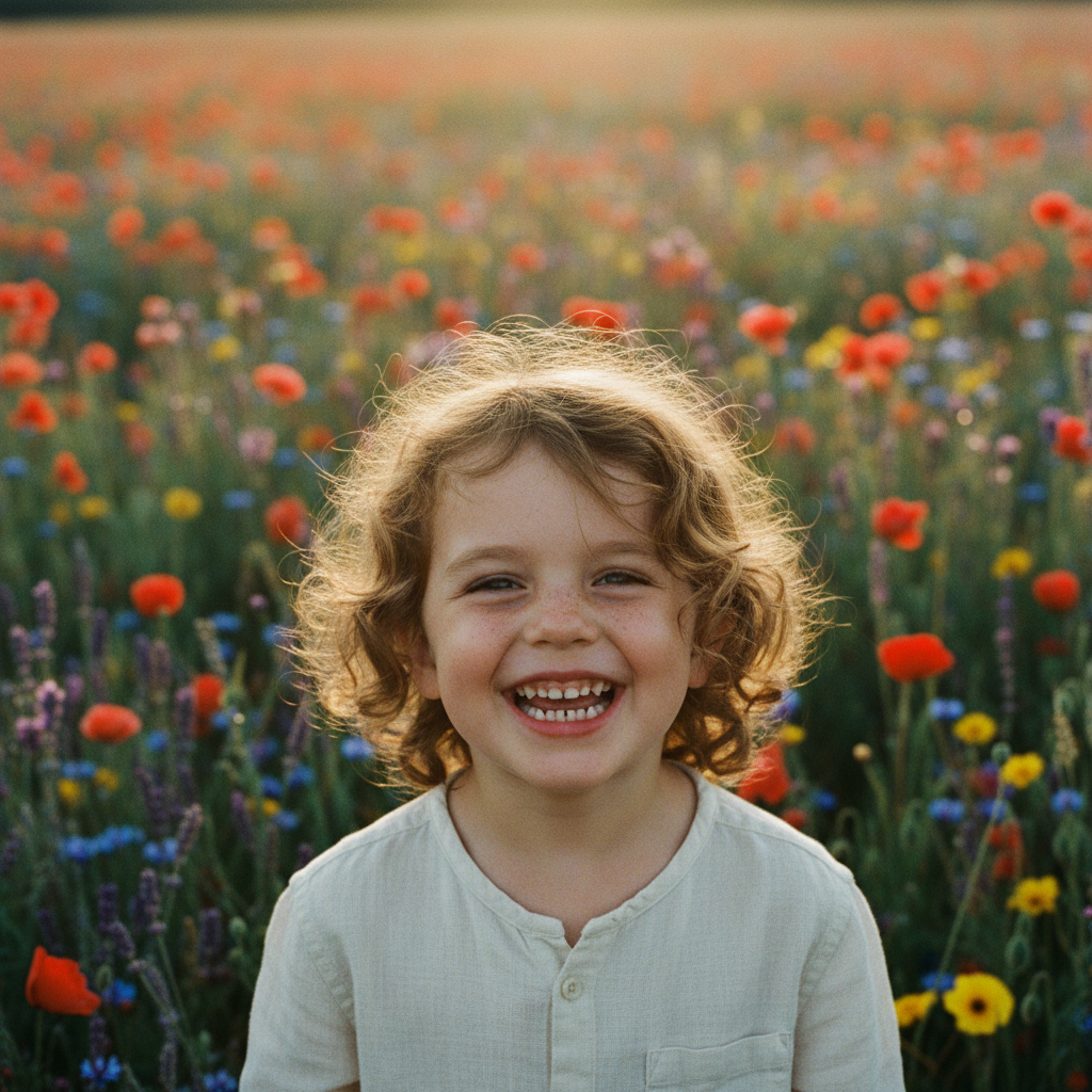 Warm golden-hour portrait of a child in wildflower field, shot on film with natural bokeh