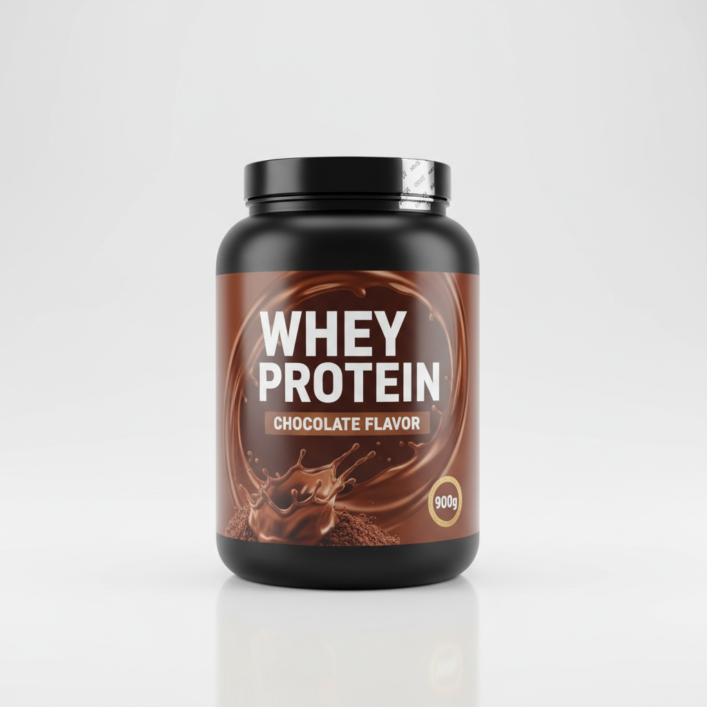 Chocolate whey protein shake in a clear glass with protein powder container in background