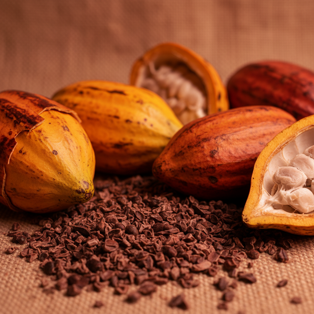 Cacao nibs and raw cacao pods in warm terracotta light