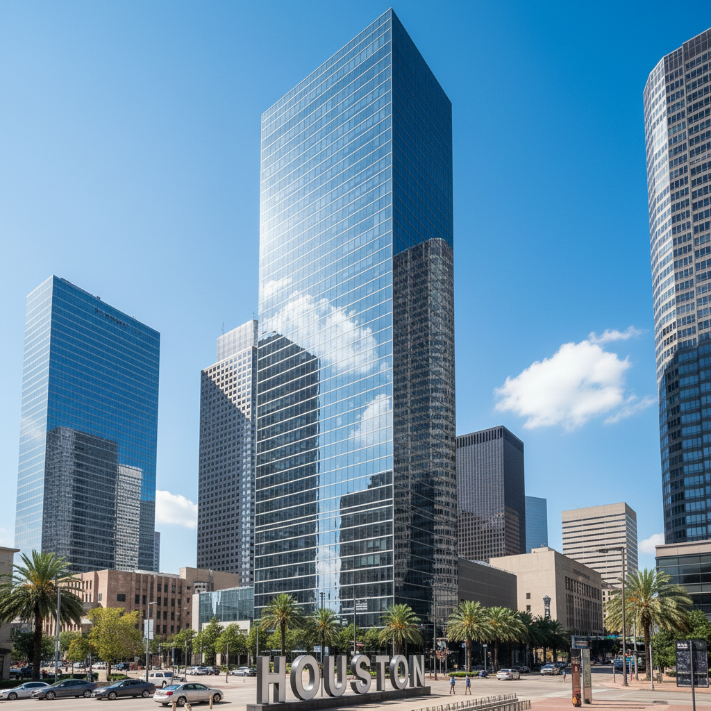 Same Houston high-rise glass facade gleaming and streak-free after professional window cleaning