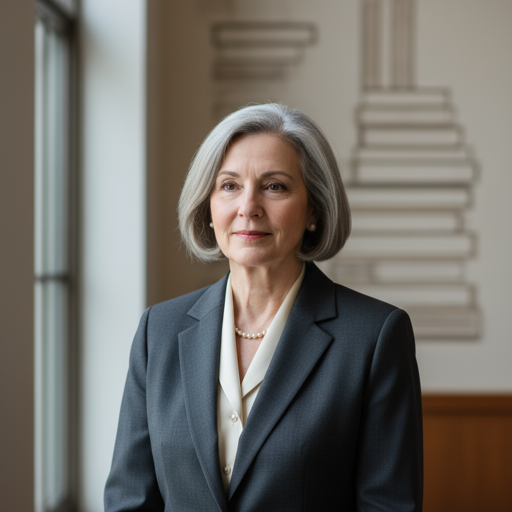 Professional woman with gray hair in academic setting wearing navy blazer