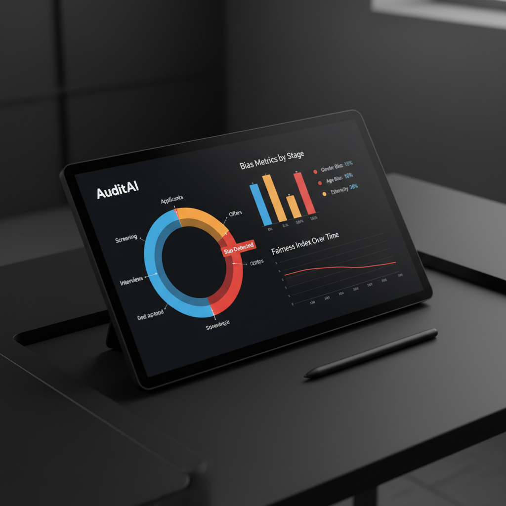 AuditAI dashboard showing hiring pipeline bias analysis with colored charts and data visualizations