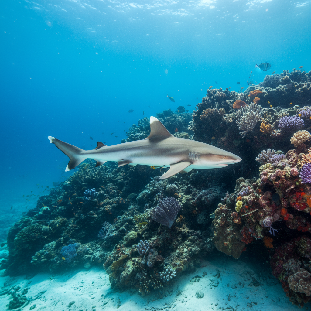 White tip reef shark swimming near rocky reef in Santa Teresa