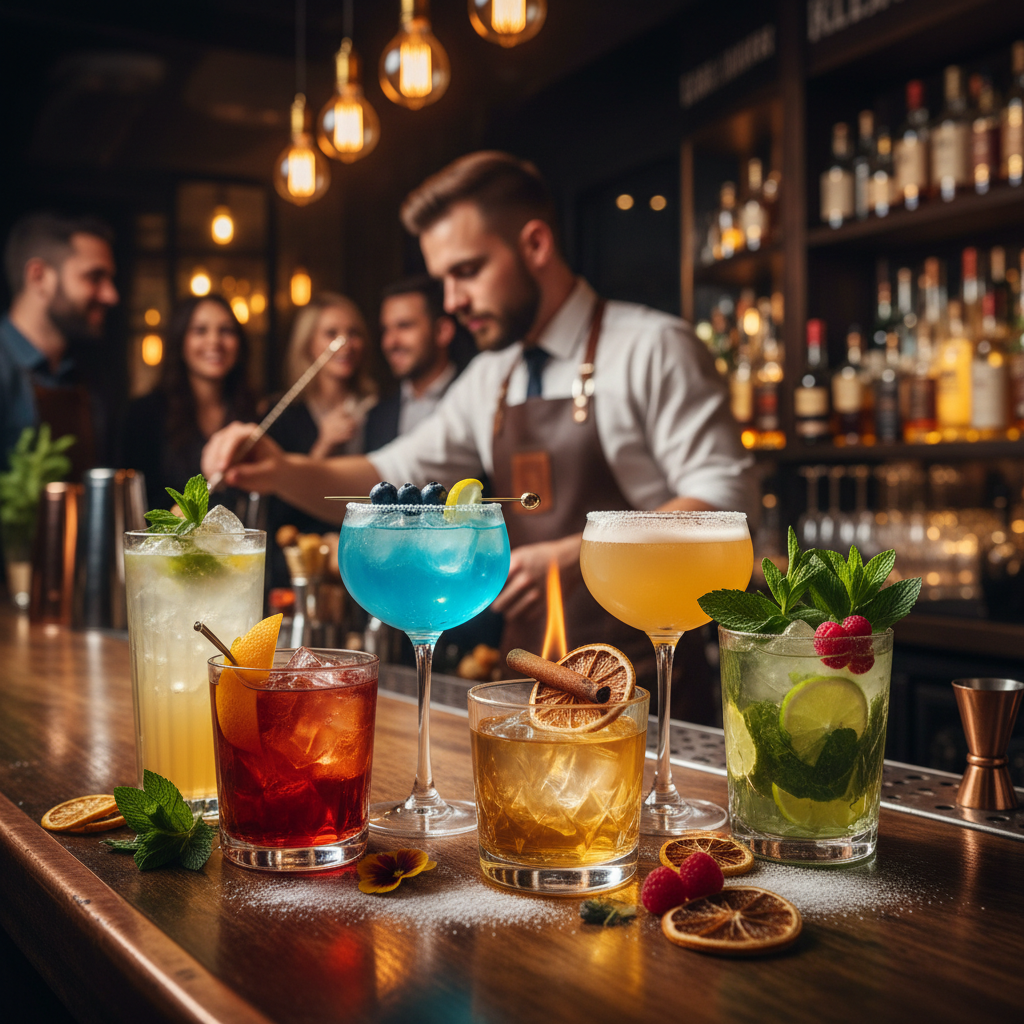 Colorful cocktails in crystal glasses with tropical garnishes on black bar counter with neon ambient lighting