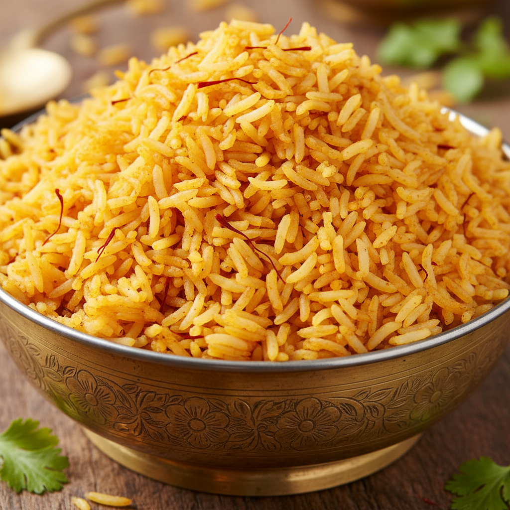 Vibrant saffron-stained basmati rice in a brass serving bowl
