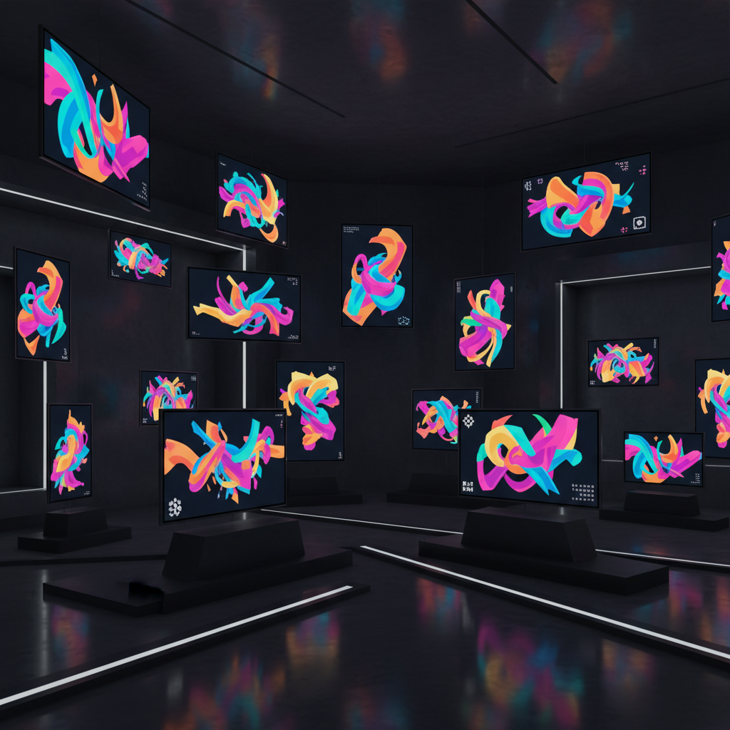 NFT digital art marketplace with colorful abstract artwork on screens