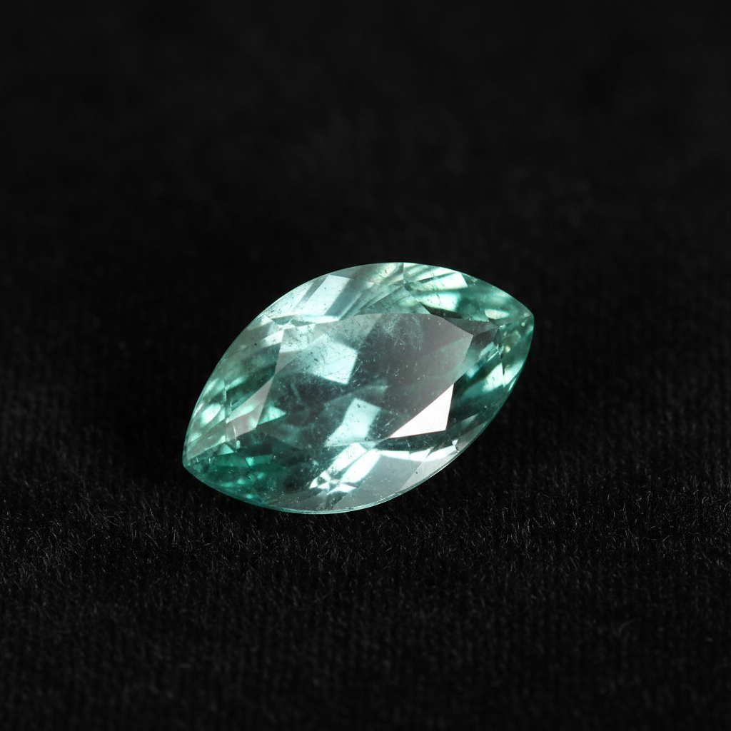 Deep blue sapphire gemstone with brilliant cut facets reflecting light on dark velvet background