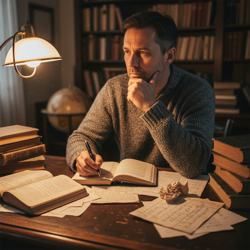Author writing at a desk in a calm study with bookshelves, warm lamp light, dark wood tones, focused atmosphere