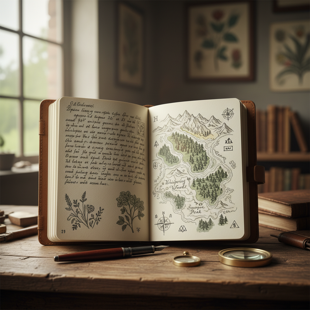 Open notebook with handwritten field notes and hand-drawn maps with annotations