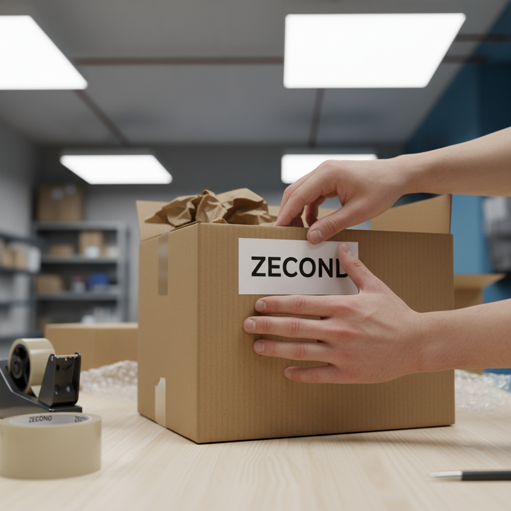 Manos preparando un paquete con etiqueta ZECOND para envío