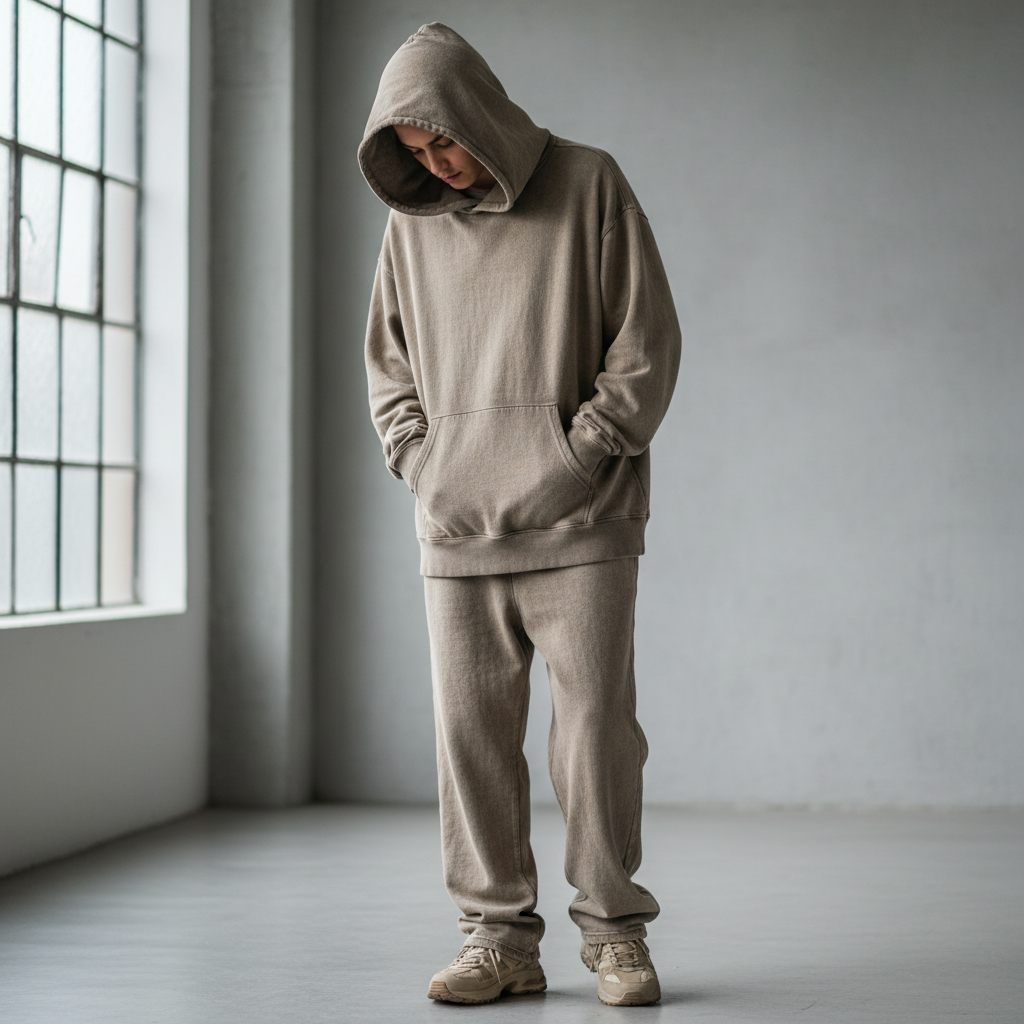 Oversized beige Korean-style hoodie on dark mannequin, minimal editorial backdrop