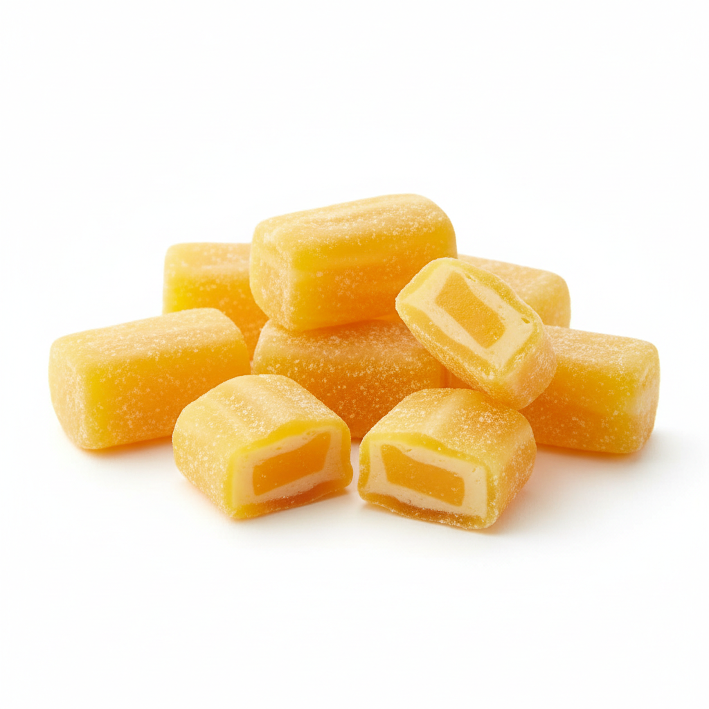Yellow mango flavored Hi-Chew candy pieces unwrapped showing soft texture