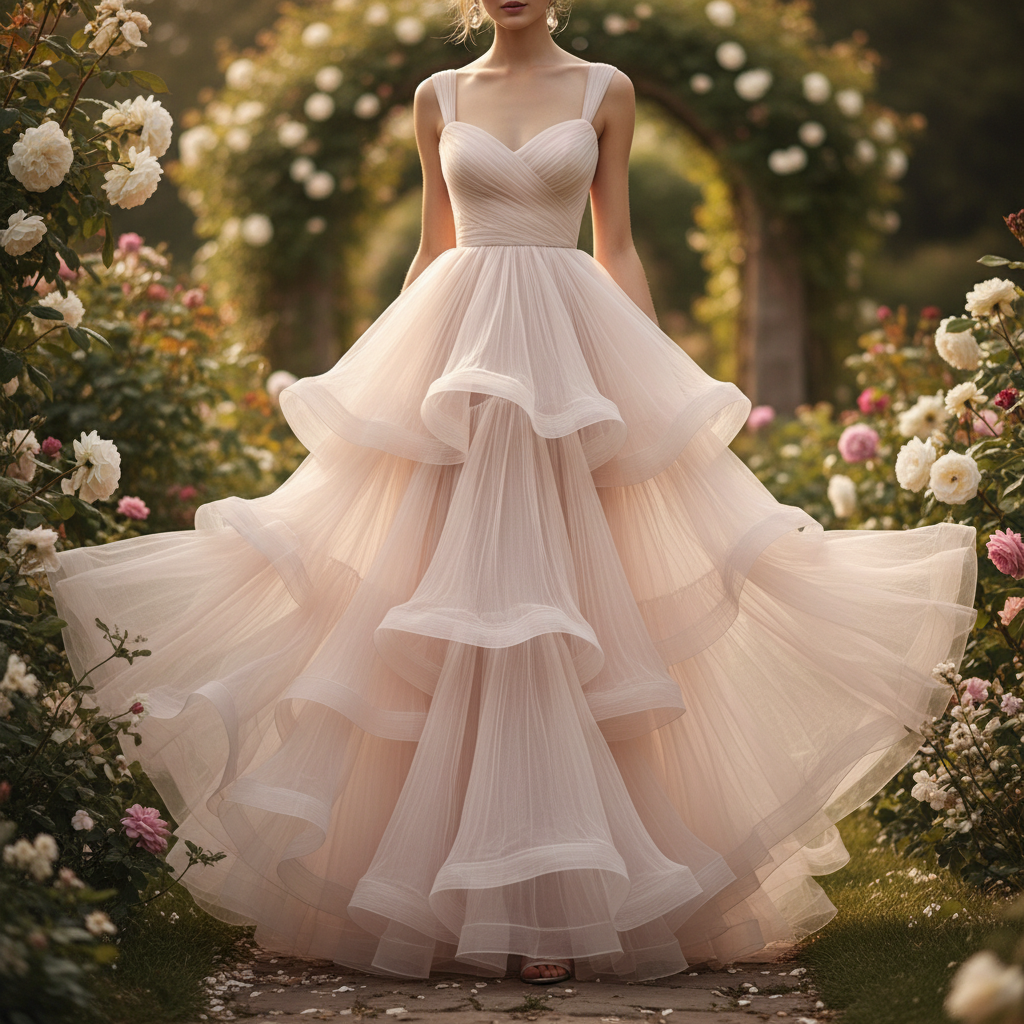 Pastel floral gown with A-line silhouette on a model at an evening event
