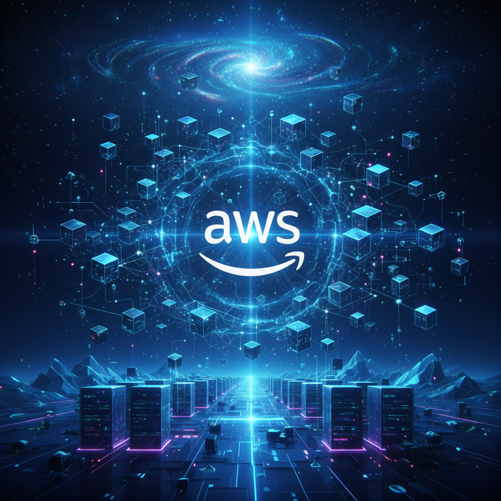 Cloud computing visualization with blue network nodes and data center infrastructure on dark background