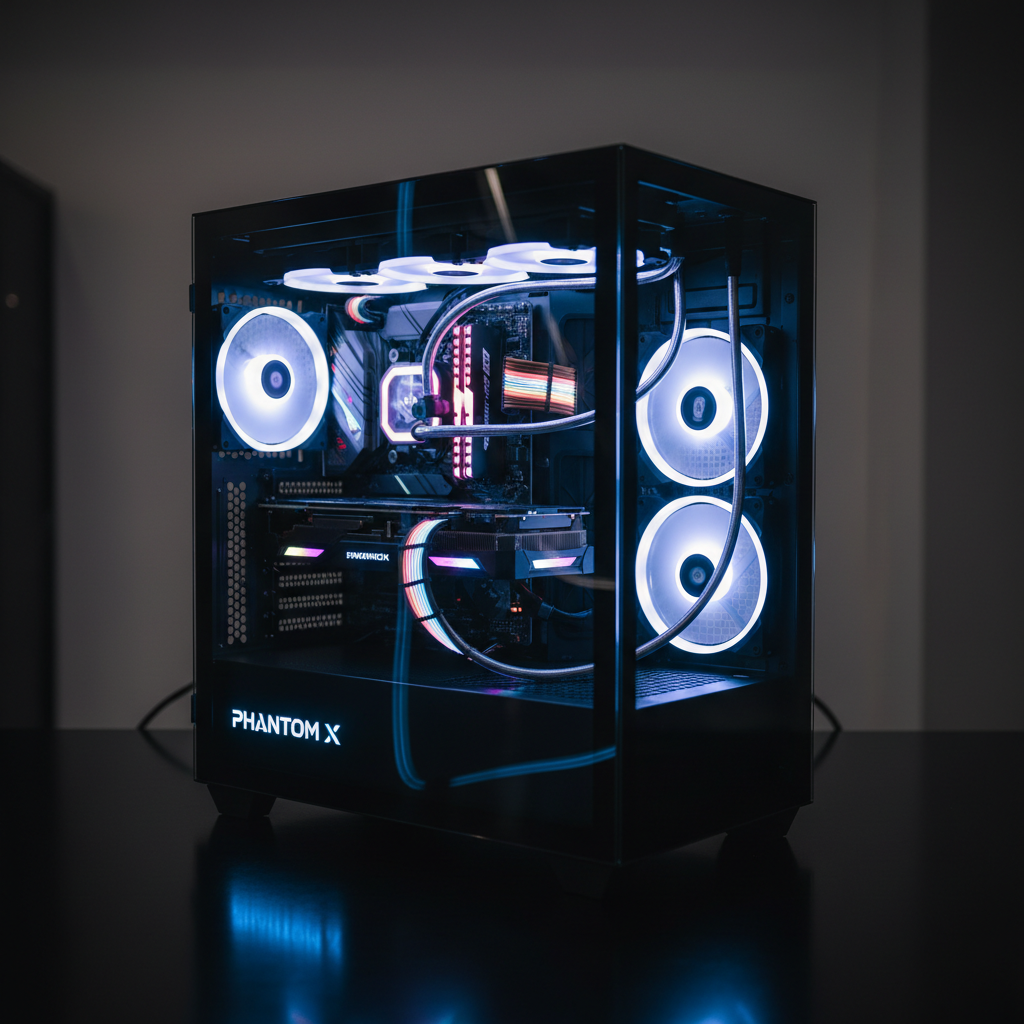 Custom gaming PC with RGB lighting inside glass case on dark background