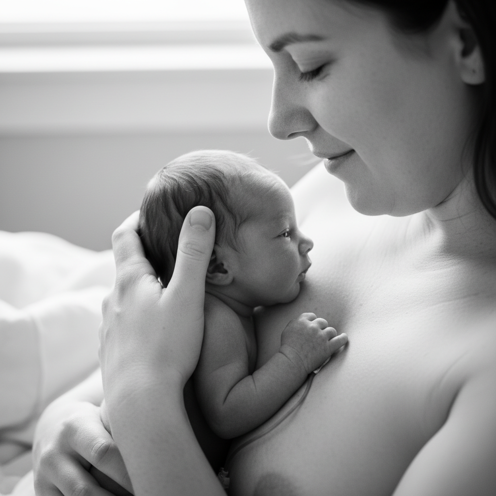 Mother holding premature infant skin-to-skin in hospital, tender and intimate, black and white