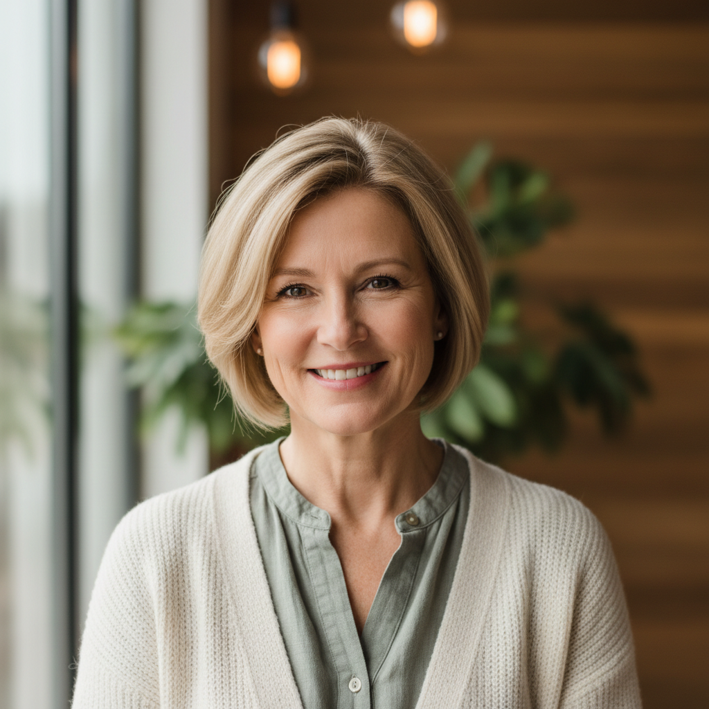 Professional female wellness coach in smart casual attire smiling in a bright modern office with plants