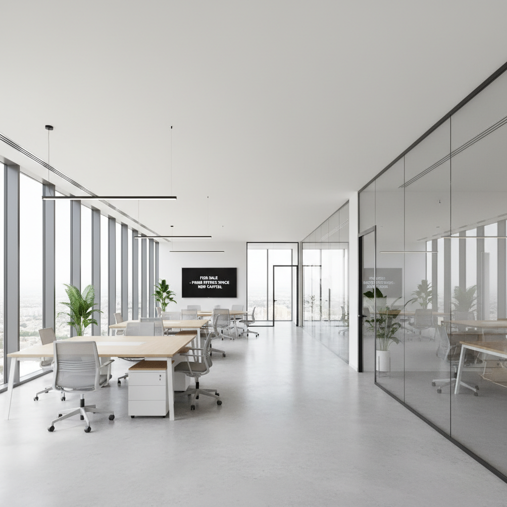 Bright modern glazed office space after renovation, natural light, glass partitions, contemporary design
