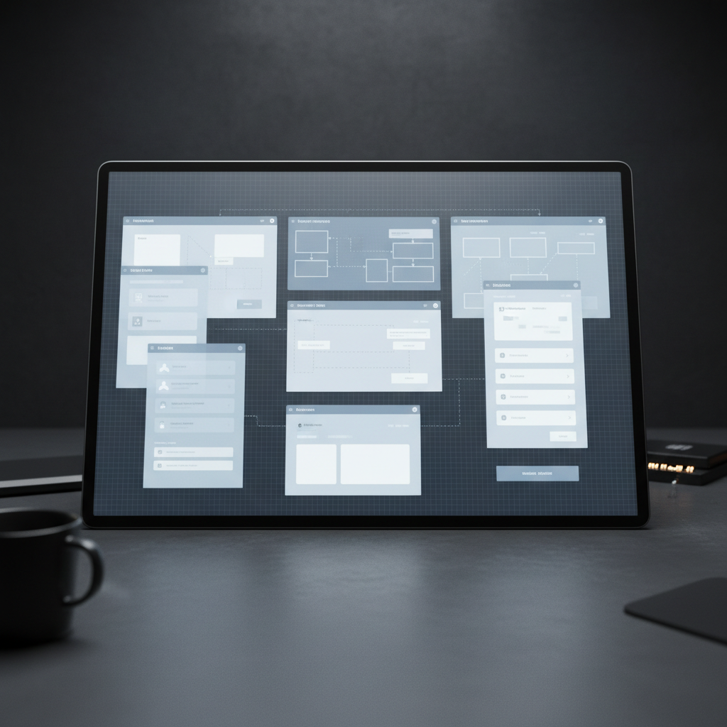 Design workspace with tablet and dark desk in moody studio lighting