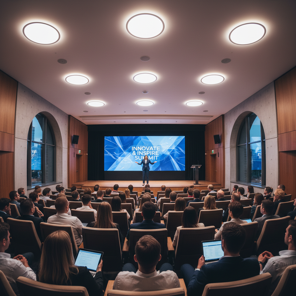 Confident speaker presenting to large audience in bright modern auditorium