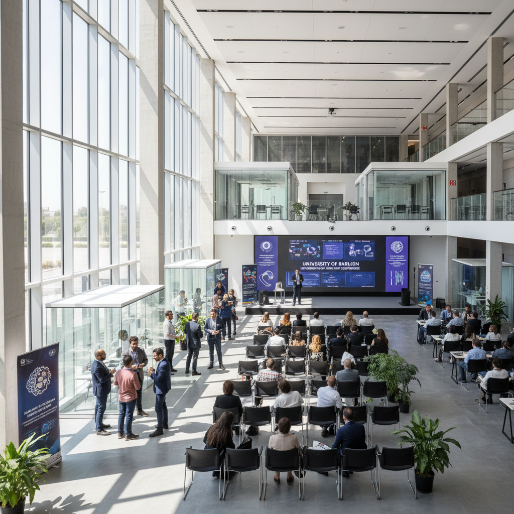 Professional conference stage with speaker podium and audience in modern auditorium