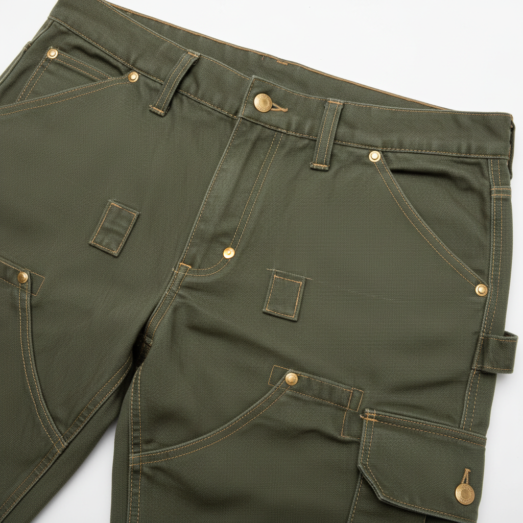 Pocket arrangement flat-lay showing multiple utility pockets, brass rivets, and cargo loops on work trousers