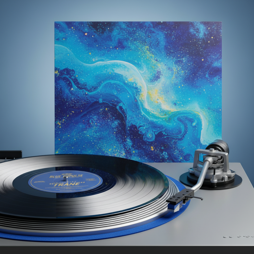 Jazz vinyl record with blue abstract cover art on turntable