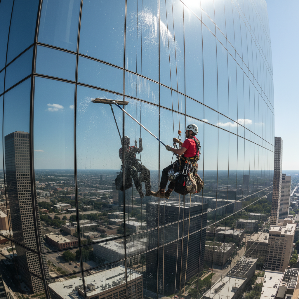 Rope technician cleaning glass facade of Houston high-rise tower