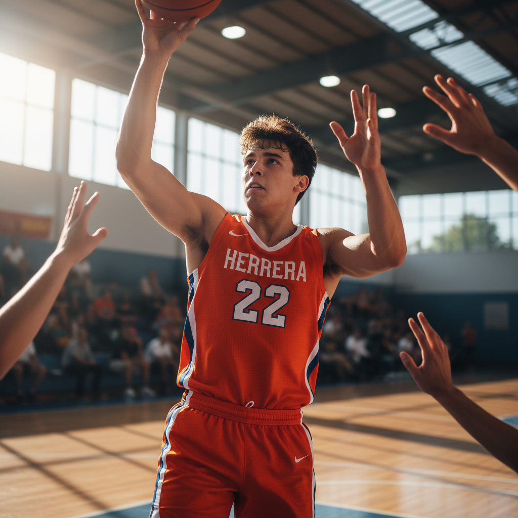 Young male basketball player in training gear, athletic build, gym background