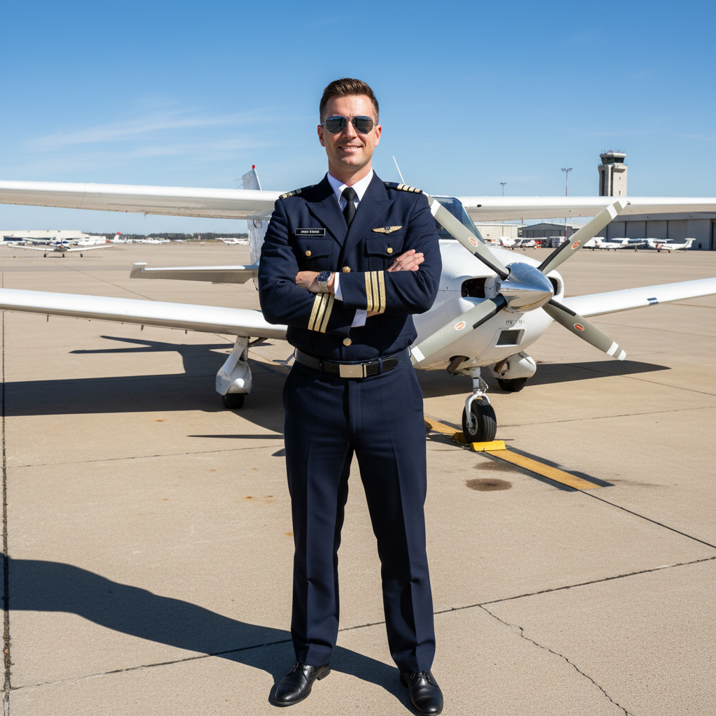 Chief flight instructor Marcus Webb in uniform on airport ramp, confident expression, aviation sunglasses