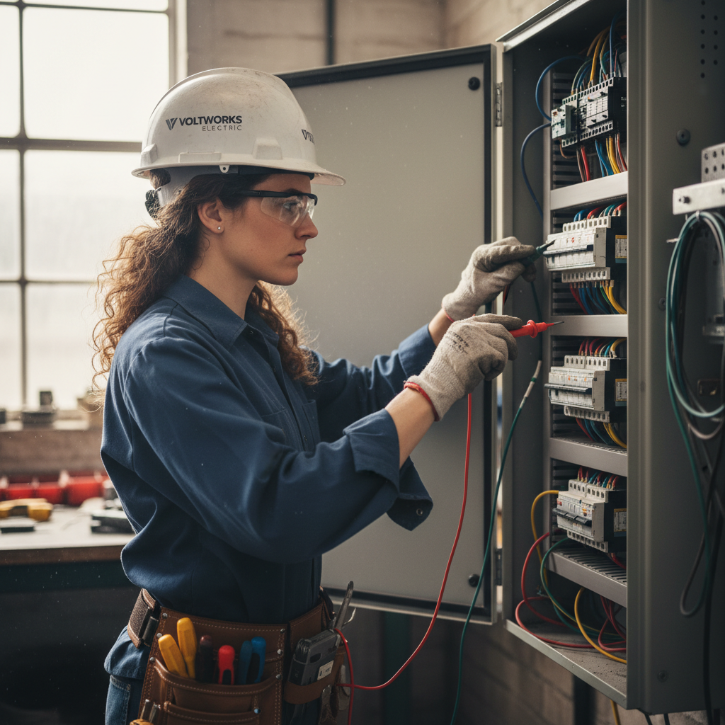 Sarah Chen, female electrician with safety helmet