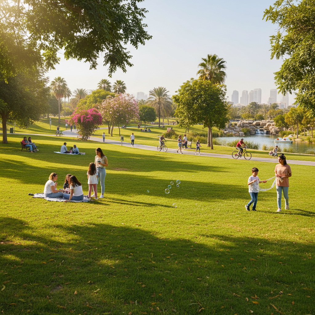 Families walking through a lush green park on a sunny morning