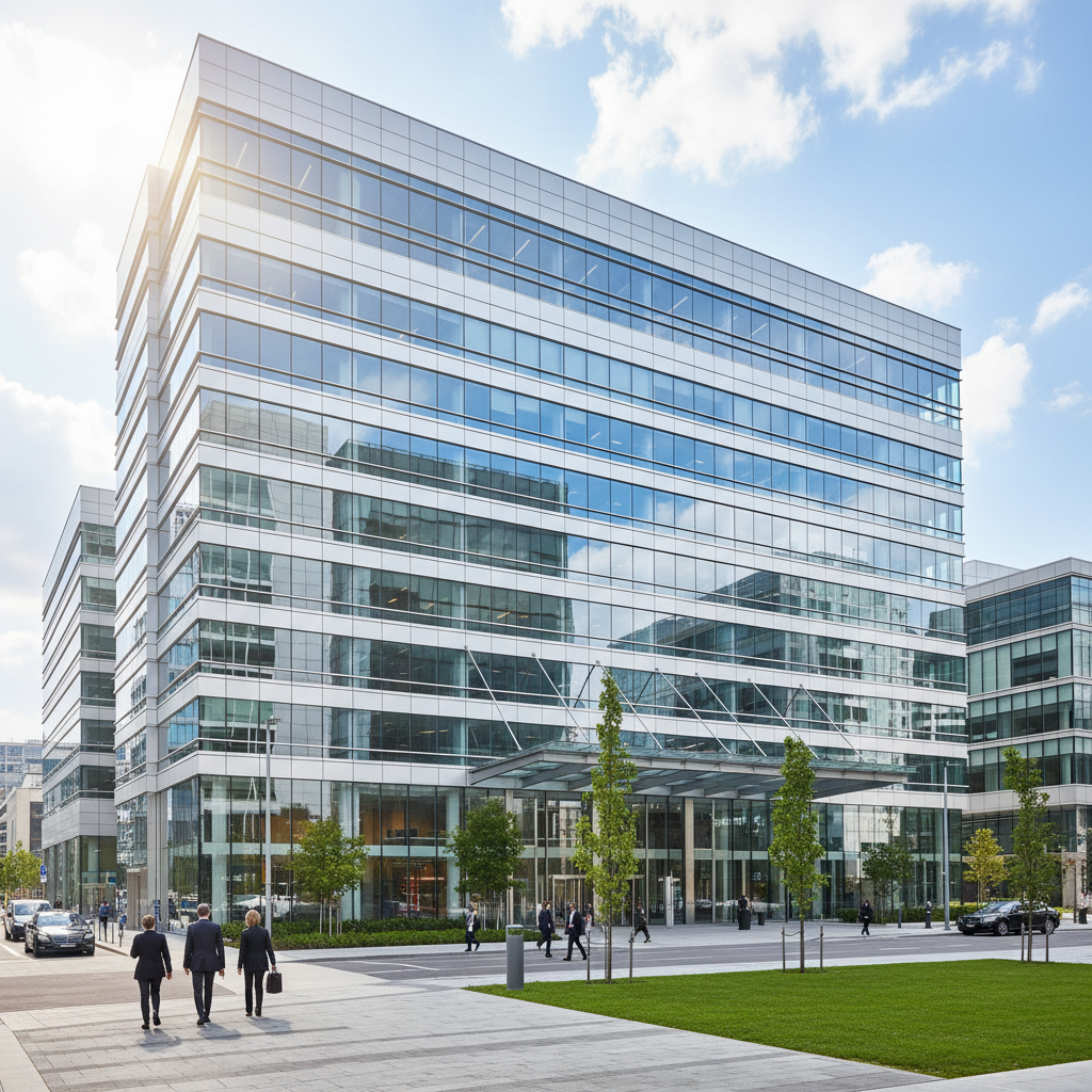 Modern commercial office building exterior, bright daytime, clean architectural lines, well-lit facade