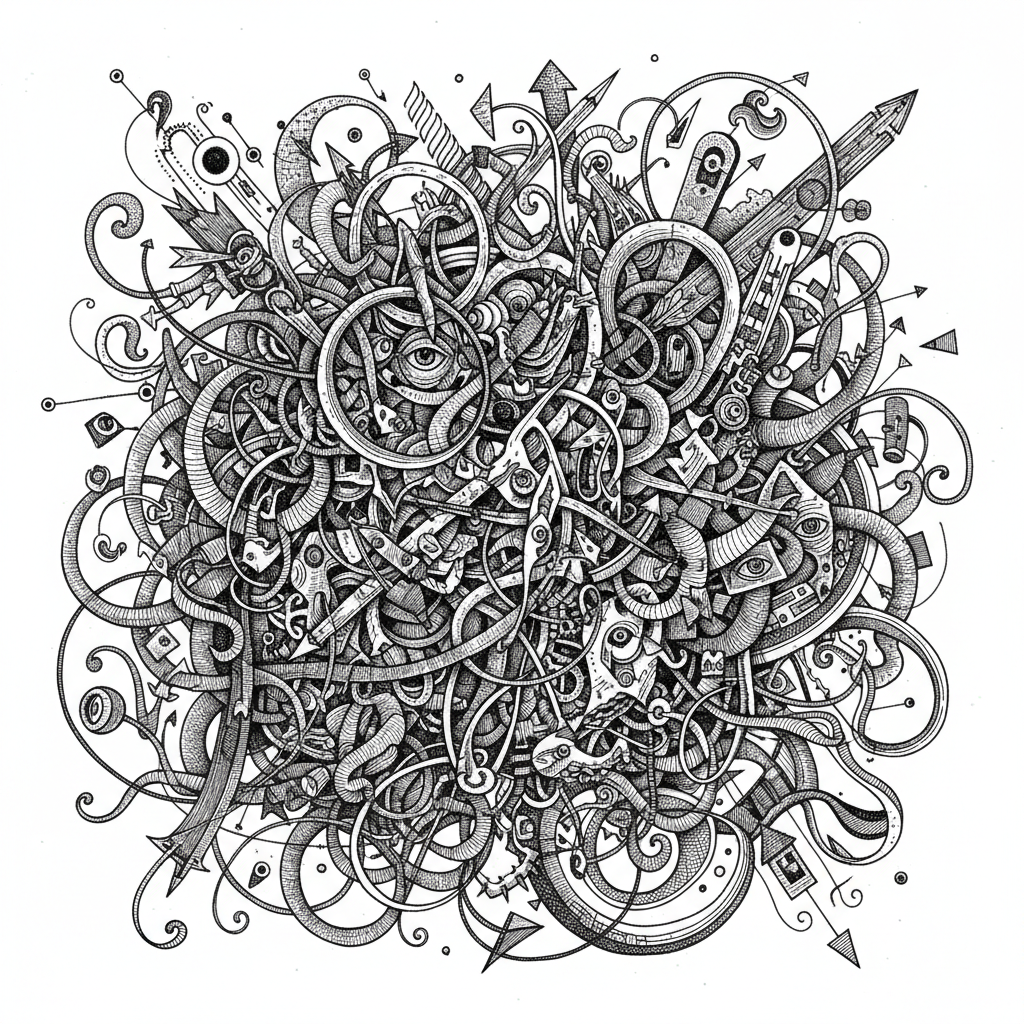 Abstract ink illustration depicting tangled recommendation algorithms — black and white with dense cross-hatching