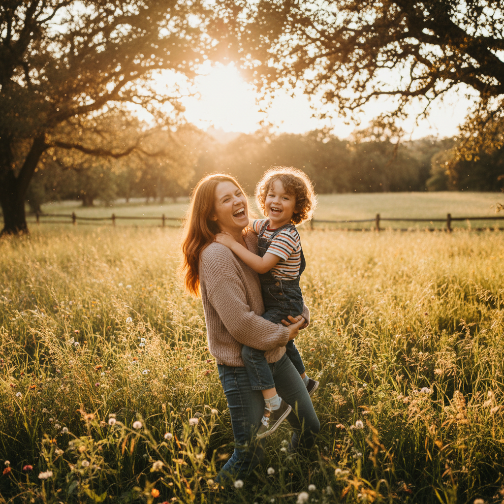 Parent hugging child at afternoon pickup, both laughing