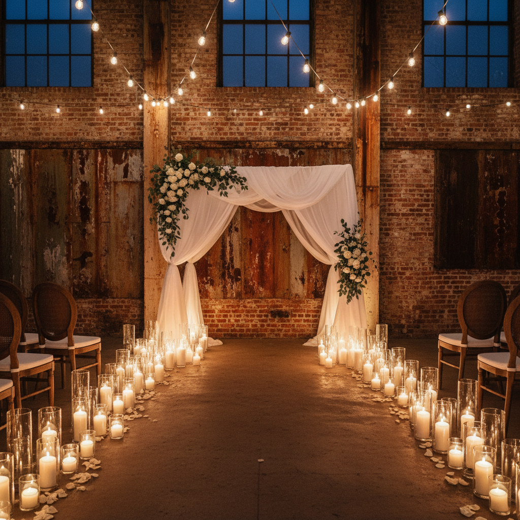 Elegant wedding ceremony setup with white floral arch, dim candlelight, intimate dark venue