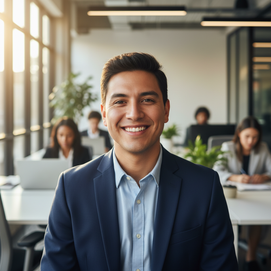 Young professional man with short dark hair smiling in bright office environment