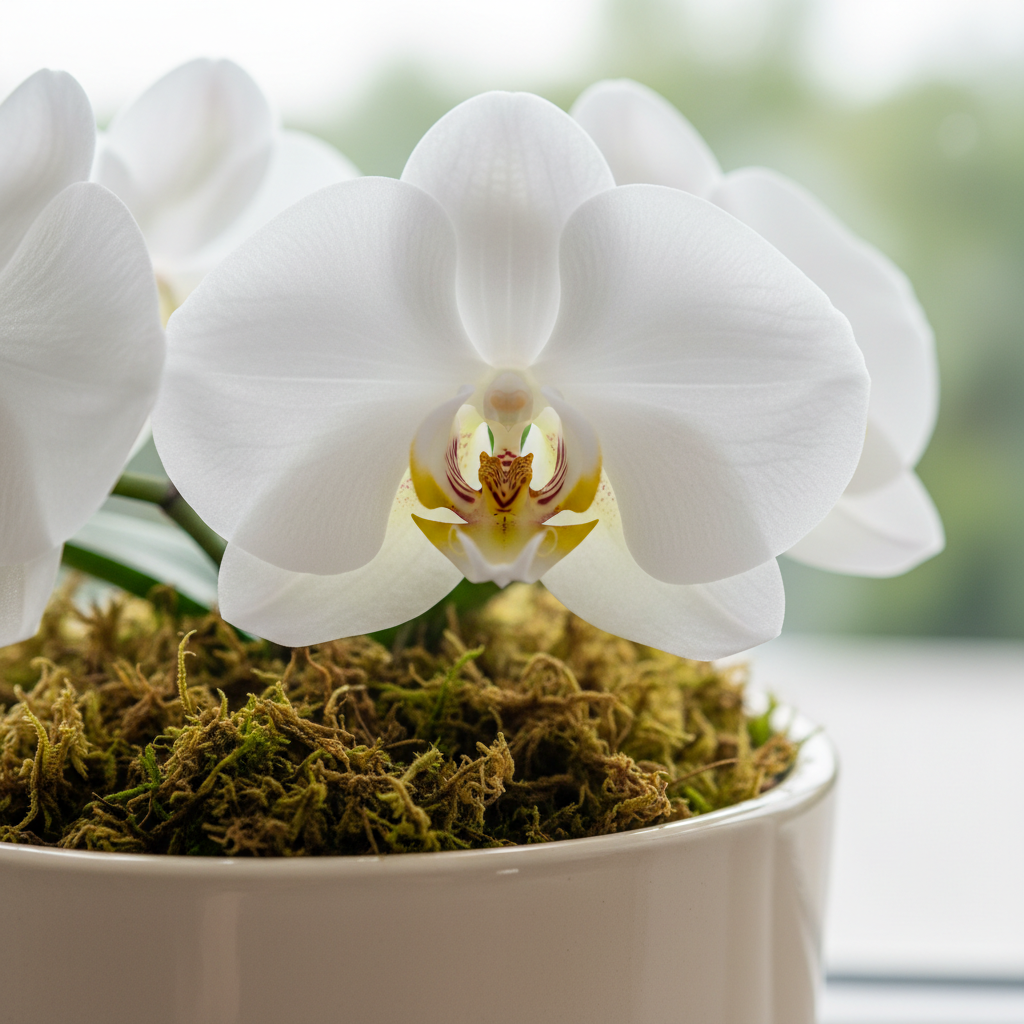 Curated trio of phalaenopsis orchids in coordinating ceramic pots