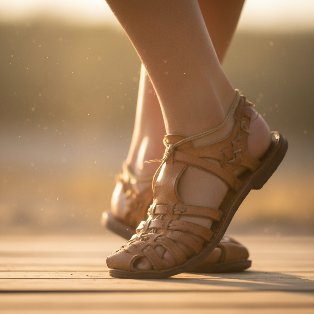 Dancer's blurred ankle wearing handmade leather sandals at golden hour, motion and light dissolving into warmth