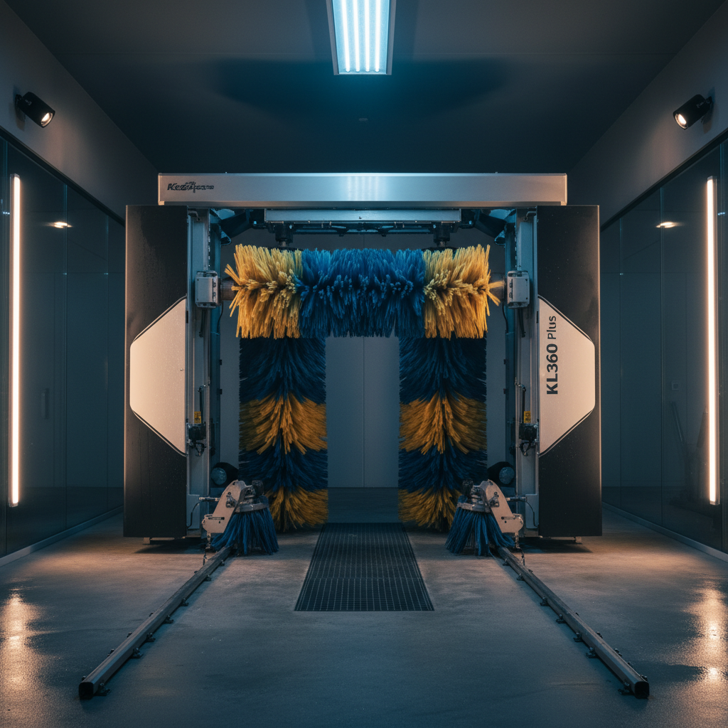 Self-serve car wash bay with high-pressure wand and foam brush, bright overhead lighting, clean concrete floor